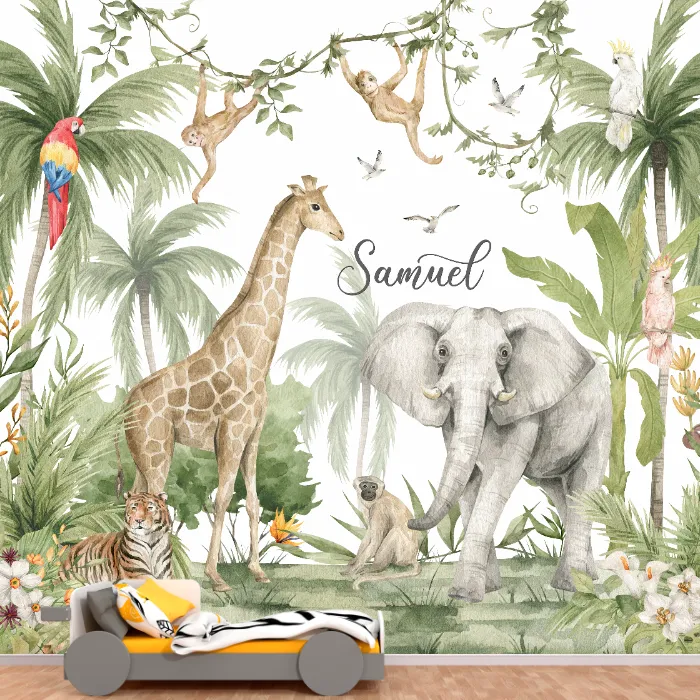Papel de Parede Safari Infantil Aquarela Personalizado com Nome e Animais da Selva