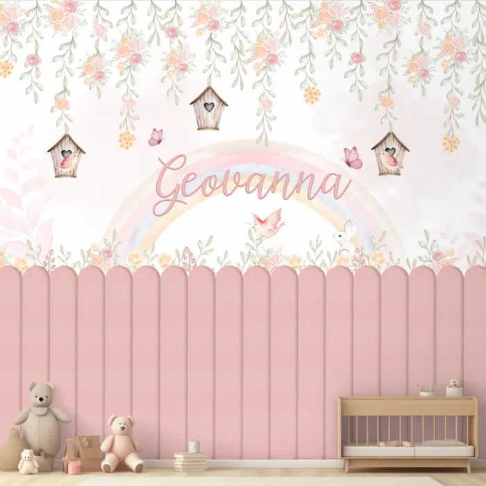 Papel de Parede Jardim Encantado Infantil Personalizado com Nome e Flores Delicadas