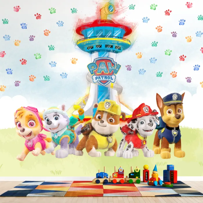Papel de Parede Patrulha Canina Infantil com Torre de Comando e Filhotes Aquarelados