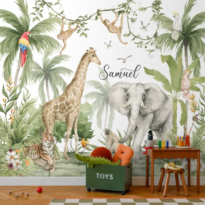 Papel de Parede Safari Infantil Aquarela Personalizado com Nome e Animais da Selva