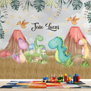 Papel de Parede Dinossauro Infantil Aquarela Personalizado com Nome e Vulcões para Quarto de Menino - Imagem 3