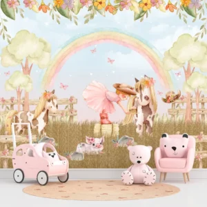 Papel de Parede Fazendinha Infantil Aquarela com Menina, Arco-Íris e Animais da Fazenda - Imagem 3