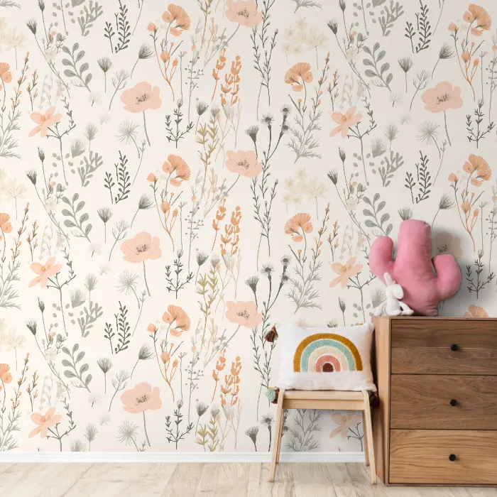 Papel de Parede Floral Delicado com Flores Silvestres em Tons Nude e Rosé