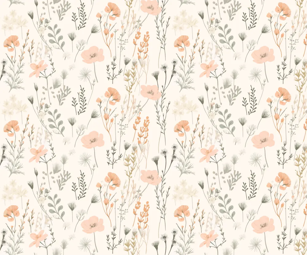 Papel de Parede Floral Delicado com Flores Silvestres em Tons Nude e Rosé