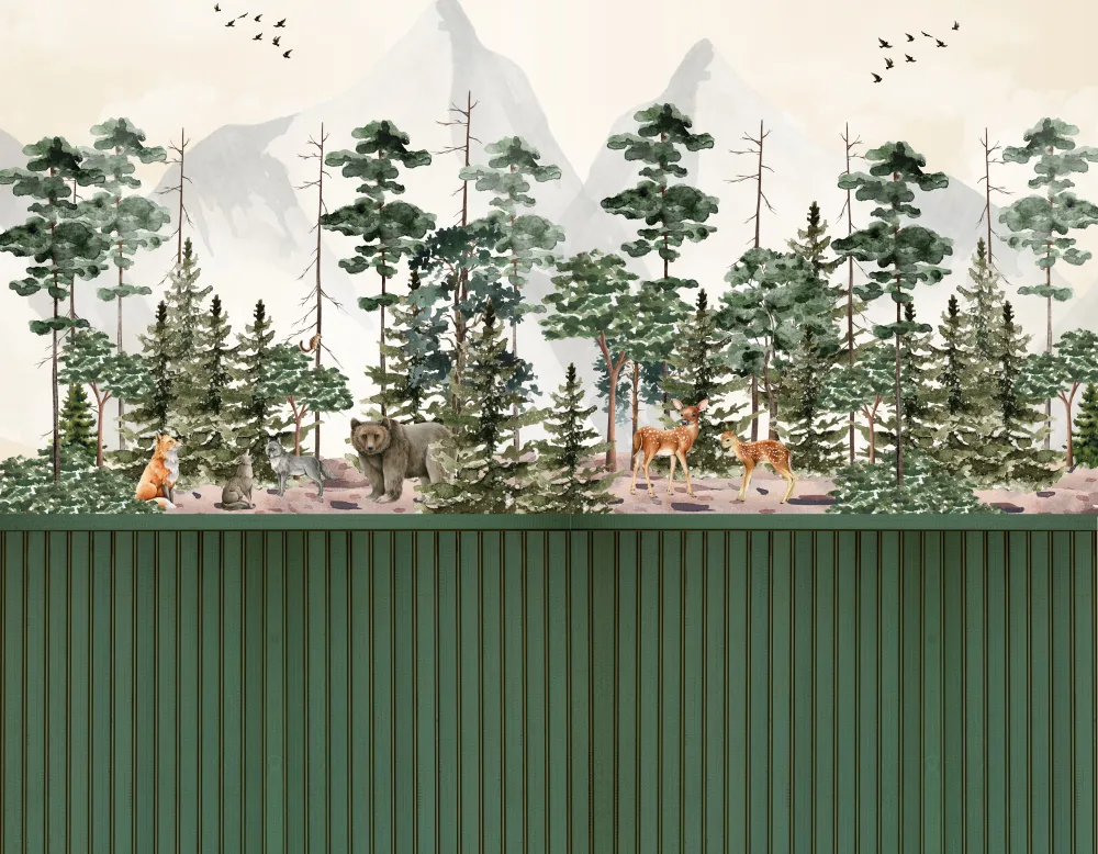 Papel de Parede Floresta Infantil Aquarela com Animais do Bosque e Montanhas para Quarto de Menino
