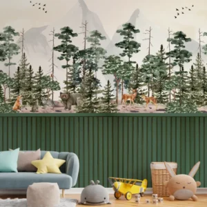 Papel de Parede Floresta Infantil Aquarela com Animais do Bosque e Montanhas para Quarto de Menino - Imagem 3
