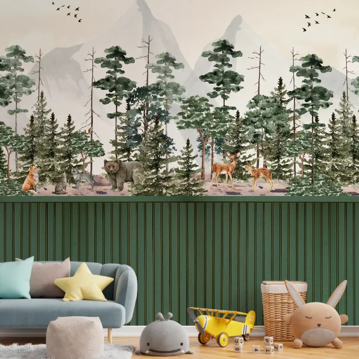 Papel de Parede Floresta Infantil Aquarela com Animais do Bosque e Montanhas para Quarto de Menino