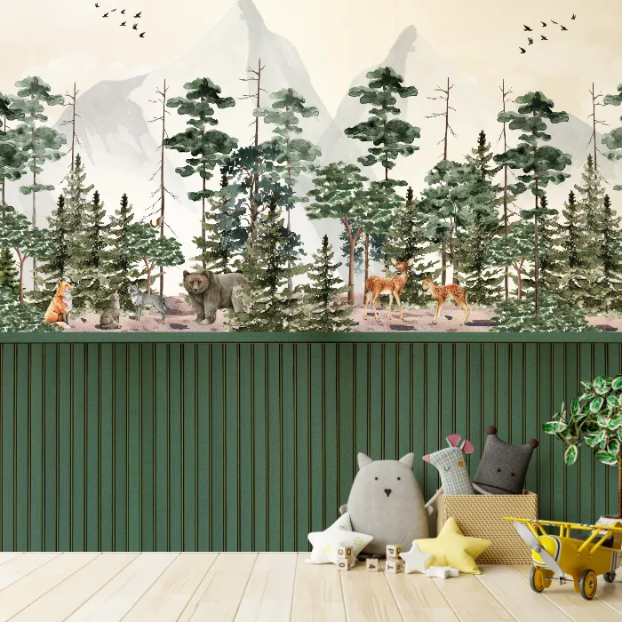 Papel de Parede Floresta Infantil Aquarela com Animais do Bosque e Montanhas para Quarto de Menino