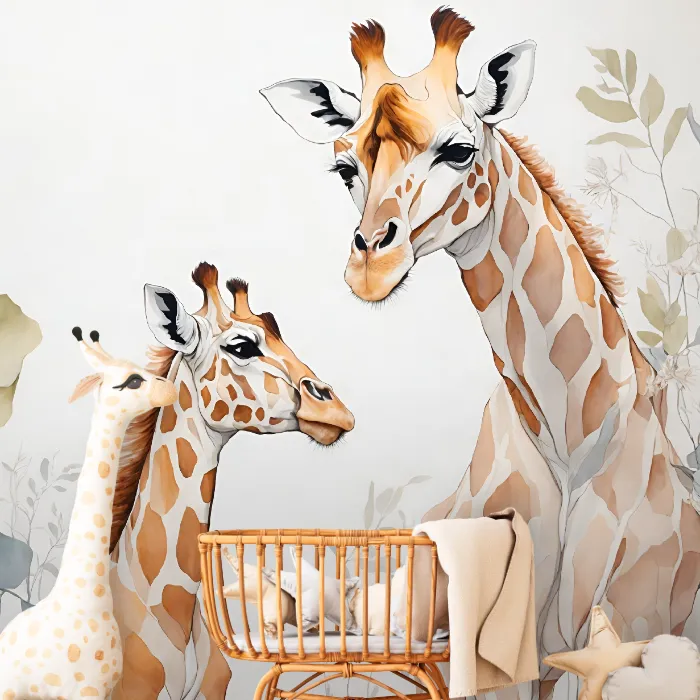 Papel de Parede Girafa Infantil Aquarela para Quarto de Bebê com Tema Safari Delicado