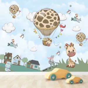 Papel de Parede Girafa Infantil com Balões e Céu Encantado para Quarto de Bebê