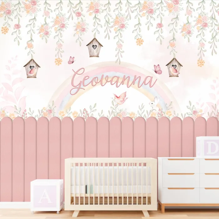 Papel de Parede Jardim Encantado Infantil Personalizado com Nome e Flores Delicadas
