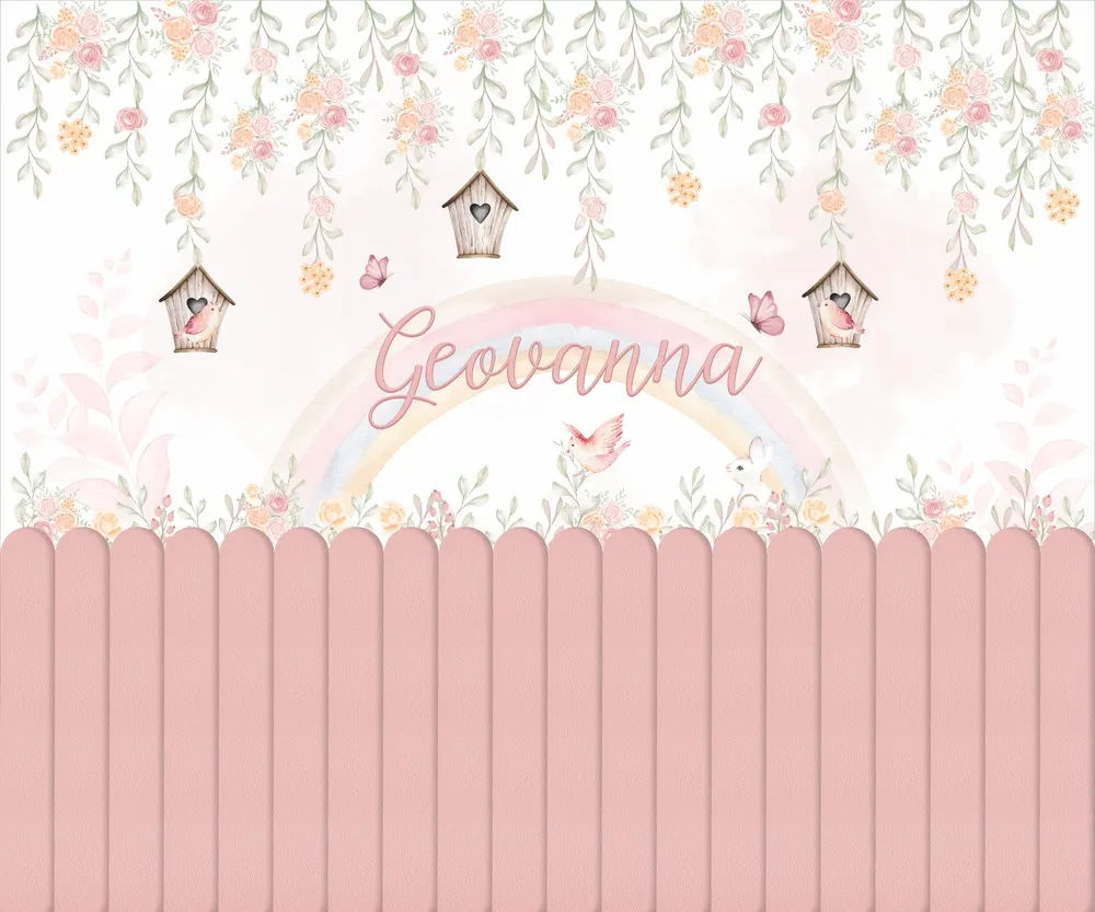 Papel de Parede Jardim Encantado Infantil Personalizado com Nome e Flores Delicadas