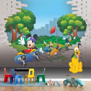 Papel de Parede Mickey Infantil com Mickey e Amigos no Parque para Quarto de Menino