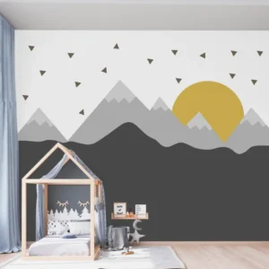 Papel de Parede Montanhas Minimalistas Infantil em Tons Neutros para Quarto de Menino