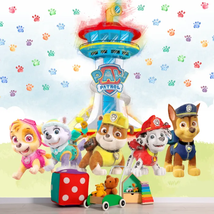 Papel de Parede Patrulha Canina Infantil com Torre de Comando e Filhotes Aquarelados