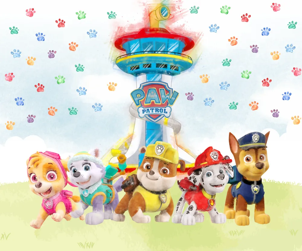 Papel de Parede Patrulha Canina Infantil com Torre de Comando e Filhotes Aquarelados