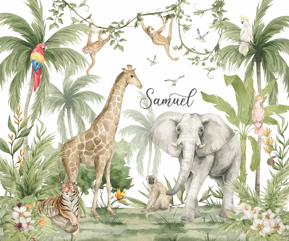 Papel de Parede Safari Infantil Aquarela Personalizado com Nome e Animais da Selva