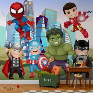 Papel de Parede Super-Heróis Infantil com Heróis Estilo Baby para Quarto de Menino