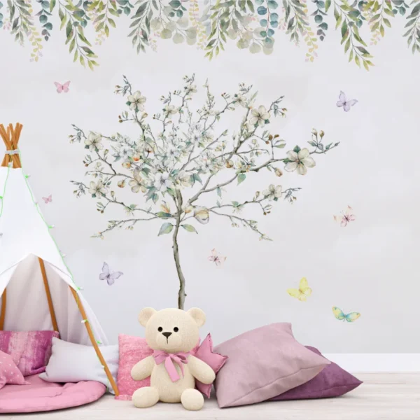 Papel de parede árvore com borboletas infantil