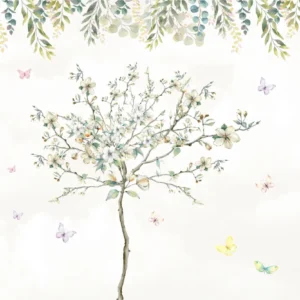 Papel de parede árvore com borboletas em aquarela