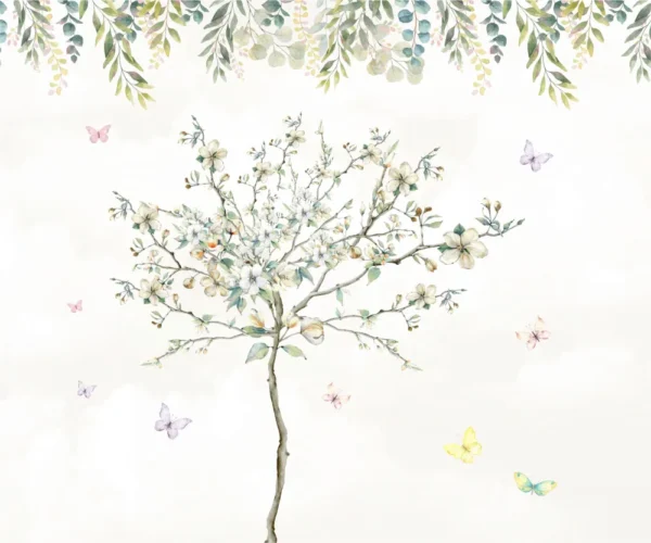Papel de parede árvore com borboletas em aquarela